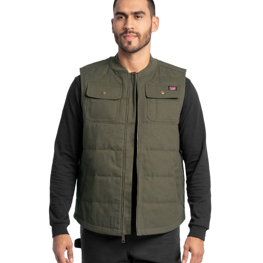NWT M, L Wrangler Workwear Quilted Duck Work Vest Olive Durable Warm Utility